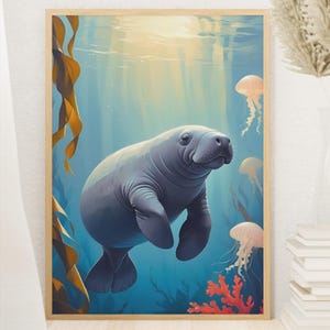 Manatee Nursery Wall Art, Coastal Ocean Printable for Baby Room with Sea Life Painting and Beach Nursery Decor, Digital Download