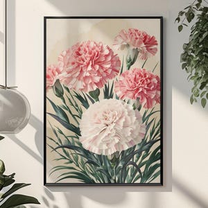 Carnation Printable Wall Art, Vintage Flower Artwork for Home Decor, Digital Floral Botanical Carnation Illustration, Digital Download