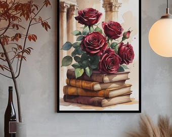 Antique Books and Roses Printable Wall Art, Vintage Floral Stack of Books Academia Wall Art, Moody Victorian Home Decor, Digital Download