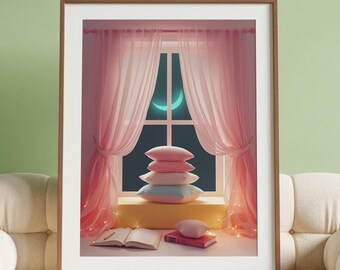 Teal Pink and Yellow Printable Wall Art, Pastel Preppy Decor for Girls Room, Whimsical Aesthetic Apartment Poster, Digital Download