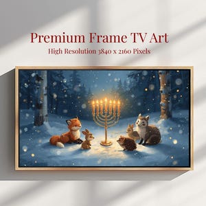 May include: A framed digital art print depicting a winter scene with a menorah and various woodland creatures. The image includes a fox, rabbit, hedgehog, and two other animals. The text at the top reads "Premium Frame TV Art" and "High Resolution 3840 x 2160 Pixels".