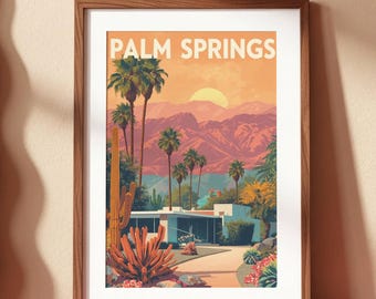 Plakat z motywem podróży do Palm Springs do druku, plakat z krajobrazem pustyni w stylu vintage, fotografia do wystroju wnętrz w stylu mid-century modern, pobieranie cyfrowe