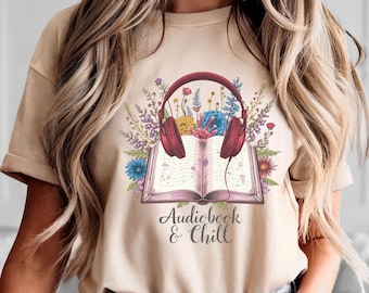Audiobook Shirt PNG, Sublimation T-Shirt Design with Book Lovers Clipart, Audio Book Floral Headphones Bookworm Digital Download