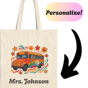 Personalized School Bus Tote Bag, Floral Bus Custom Bag, Teacher Appreciation, Gift For Bus Driver, Canvas Tote
