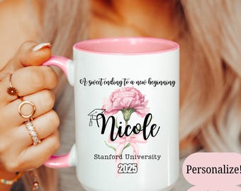 Birth Flower Personalized Mug, Customize Graduation Gift, School Name Graduation Mug, University 2025, Coquette Bow, Gift for Her