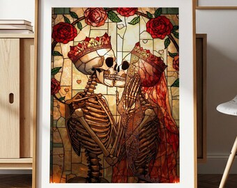 Skeleton Lovers Printable Wall Art, Gothic Home Decor, Til Death Embrace Poster, Romantic Wedding Print, Los Enamorados, Digital Download