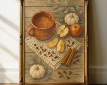 Fall Apple Cider Printable Wall Art, Cozy Autumn Spiced Apple Painting for Warm Rustic Cottage Kitchen Home Decor, Digital Download