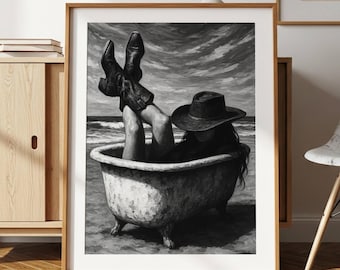 Decorazione murale "Cowgirl nella vasca da bagno", decorazione da bagno con cowgirl costiera, stampa artistica in stile western rustico, estetica country vintage, download digitale