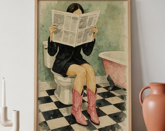 Modern Feminine Bathroom Wall Art, Watercolor Fashion Illustration, Pink Cowgirl Boots, Quirky Editorial Printable Art