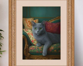 Russian Blue Cat Printable Art, Boho Style Print, Wall Decor, Feline Wall Art, Cat Lover's Gift, Home Artwork