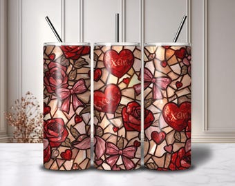 Stained Glass Valentine Tumbler Wrap 20oz | Coquette Bows & Roses PNG | Red Heart XOXO Skinny Wrap | Romantic Sublimation Design