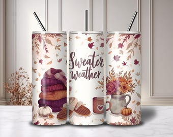 Fall Sweater Weather Tumbler Wrap PNG, 20 Oz Tumbler Sublimation Design with Fall Leaves, Pumpkin, Cozy Coffee, Fall Vibes Digital Download