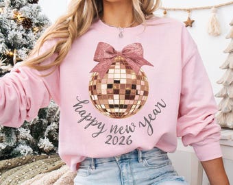 Feliz Ano Novo 2026 PNG – Bola de Discoteca Rosa e Dourada com Laço de Glitter, Download Digital Glamoroso para o Ano Novo