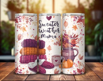 Fall Sweater Weather Mama Tumbler Wrap PNG, 20 Oz Tumbler Sublimation Design, Fall Leaves, Pumpkin, Cozy Coffee, Fall Vibes Digital Download