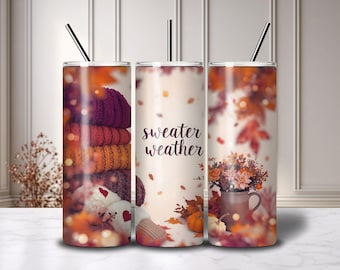 Fall Sweater Weather Tumbler Wrap PNG, 20 Oz Tumbler Sublimation Design with Fall Leaves, Pumpkin, Cozy Coffee, Fall Vibes Digital Download