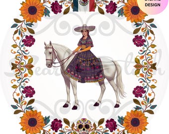 Mexican Flowers Tshirt PNG, Western Cowboy Clipart with Floral Charro Design and Faux Embroidery Sublimation, Digital Download