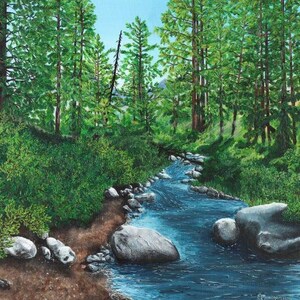 May include: A painting of a forest stream flowing through a lush green forest. The stream is surrounded by rocks and trees, and the water is a clear blue color.
