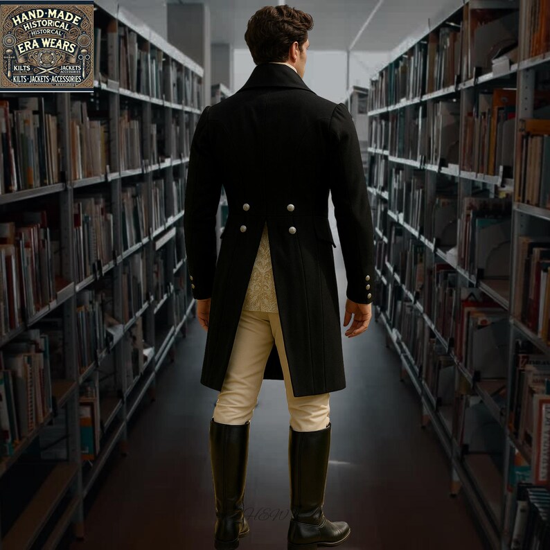 Limited Edition Black Wool Tailcoat – Formal Gentleman’s Coat with Long Tails - Antique Buttons, Historical Reenactment & Period Costume