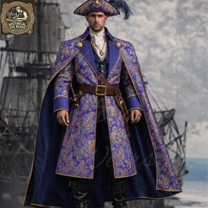 Luxury Brocade Pirate Coat with Cape – Teal & Gold Regency Costume