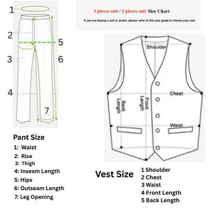 May include: Diagram illustrating suit size measurements. Includes pant size measurements: waist, rise, thigh, inseam length, hips, outseam length, and leg opening. Also shows vest size measurements: shoulder, chest, waist, front length, and back length.
