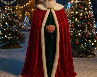Könnte beinhalten: Eine Person in einem Weihnachtsmann-Kostüm, bestehend aus einem roten Samt-Umhang mit weißem Kunstfellbesatz, einer grünen Samttunika und einer roten Mütze mit weißem Rand. Im Hintergrund sind Weihnachtsbäume und eine verschneite Landschaft zu sehen.