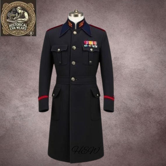 Men's Black Wool Military Coat - Custom Officer Parade Jacket with Red Trim Men's Black Wool Military Coat - Custom Officer Parade Jacket with Red Trim