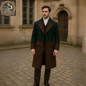 May include: A two-tone, long coat in green and brown, with a matching vest and trousers. The coat features a dark green upper section and brown lower section. The outfit is a historical era wear design.