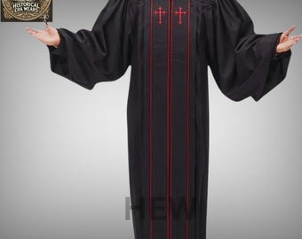 May include: Black clergy robe with red cross and stripe accents. The robe has long, flowing sleeves and a high collar. The robe is made of a dark fabric and features two red crosses on the chest.