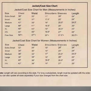May include: A jacket and coat size chart for men and women, with measurements in inches. The chart includes sizes from extra small to 2XL, with chest, waist, shoulder, sleeve, and length measurements. The chart is on a beige background.