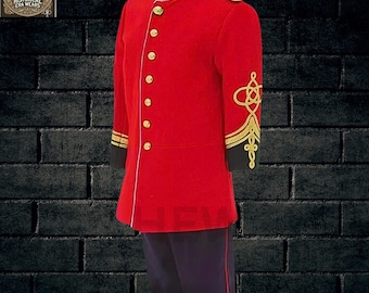 May include: A red military uniform with gold trim and buttons. The jacket has a high collar and a black and gold braid on the sleeve. The pants are dark blue with a red stripe down the side.