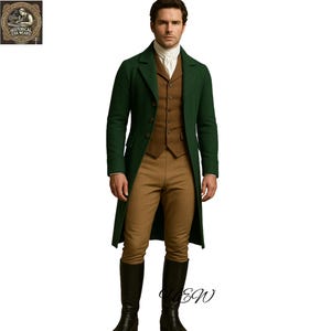 May include: A green long coat with a brown vest and tan pants. The outfit is completed with black boots and a white collared shirt. The coat has a classic, tailored design, suitable for historical reenactments or themed events.