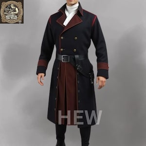 May include: A long black coat with red trim and a burgundy lining. The coat has a double-breasted closure with gold buttons and a black belt. The text "HEW" is visible on the bottom of the coat.