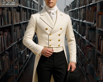 Handmade Wool Regency Tailcoat - Golden Buttons, Historical Reenactment Costume