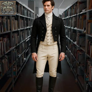 Limited Edition Black Wool Tailcoat – Formal Gentleman’s Coat with Long Tails - Antique Buttons, Historical Reenactment & Period Costume