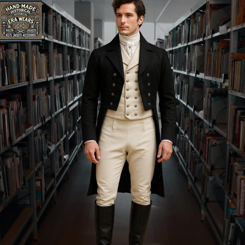 Limited Edition Black Wool Tailcoat – Formal Gentleman’s Coat with Long Tails - Antique Buttons, Historical Reenactment & Period Costume