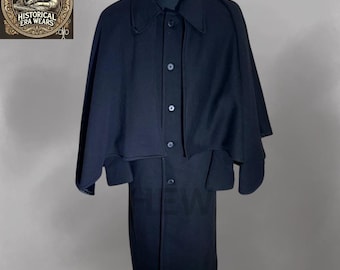 Handmade Black Wool Inverness Cape Coat - Victorian Steampunk Overcoat