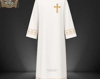 May include: A white clergy robe with a gold cross emblem on the chest and gold trim on the sleeves and hem. The robe has a high collar and three-quarter length sleeves. The initials "HEW" are embroidered near the hem.