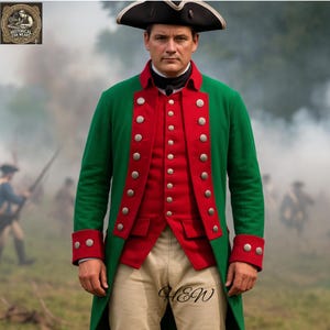 Hessian Officer Uniform - 18th Century Green & Red Military Coat
