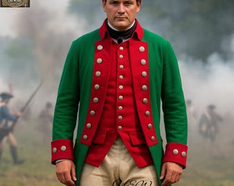 May include: A man in a green coat with red accents and silver buttons, a red vest, and a black hat. The coat has red cuffs and a long tail. The man is wearing a white shirt and tan pants. Historical Era Wears logo is in the top left corner.