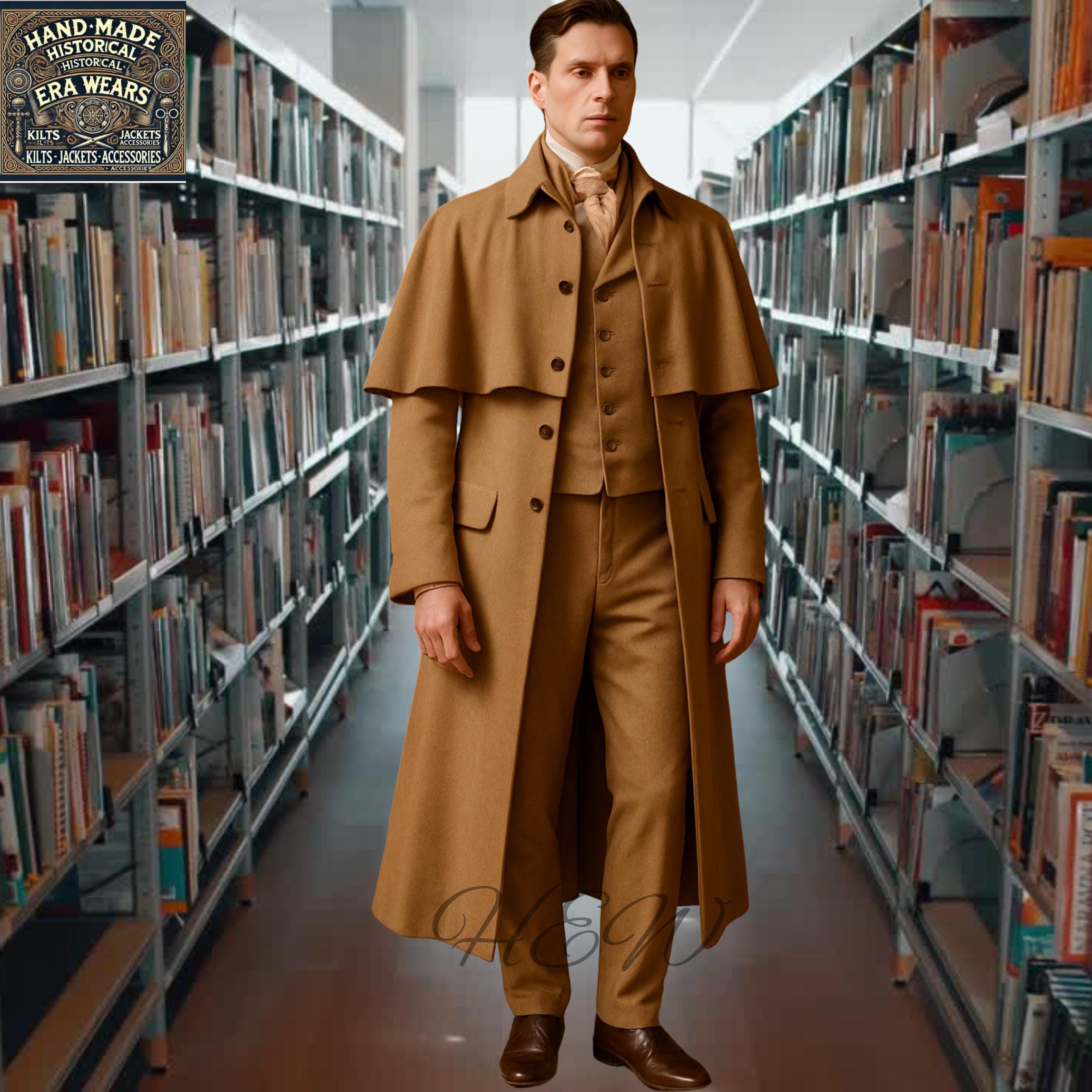 Kundenspezifischer Wollinverness-Kap-Mantel - klassischer Regency-Mantel