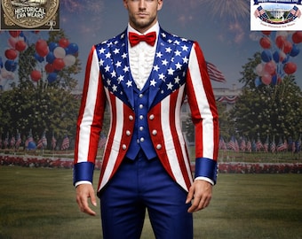 May include: A striking red, white, and blue suit with a star and stripe design. The outfit includes a jacket, waistcoat, and trousers, complemented by a red bow tie. The image also includes the text "4th of July Happy Independence Day".