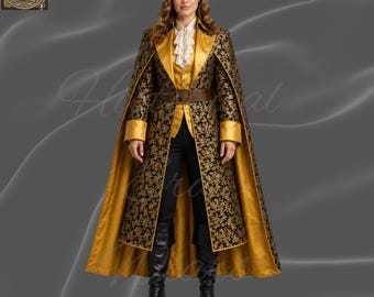 Luxury Black Gold Women’s Brocade Pirate Tailcoat – Regency Victorian Costume Set - Party outfit