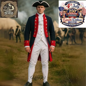 Op de afbeelding: Een historisch uniform in militaire stijl met een donkerblauwe jas met rode revers en gouden knopen, een wit vest, een witte kniebroek, een witte cravat en een zwarte driesteek. De set bevat het logo van Historical Era Wears.