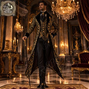 Puede incluir: Un traje formal con estampado negro y dorado con un abrigo largo, chaleco y pantalón. El abrigo presenta diseños florales dorados y ribetes de terciopelo negro. Una cadena dorada y un bastón completan el conjunto. El logotipo "HISTORICAL ERA WEARS" está en la esquina superior izquierda.