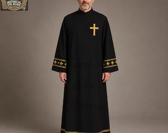 Handcrafted Catholic Premium Woolen Priest Cassock –  Clergy Robe – Custom Tailored Golden Embroidery Cuffs and Bottom - Zipper on Shoulders