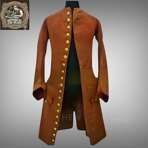 May include: A long, brown coat with gold buttons down the front. The coat has a high collar and long sleeves.