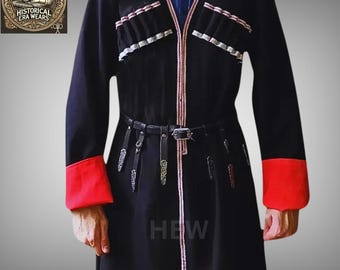 May include: A long black coat with red trim on the cuffs and a red and white trim down the front. The coat has a leather belt with a silver buckle and several decorative silver accents. The text "HEW" is visible on the front of the coat.