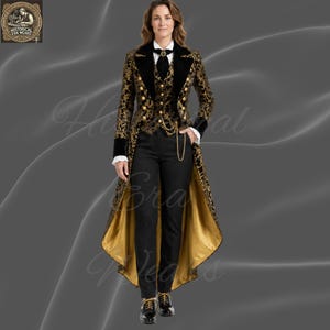 May include: A black and gold steampunk-style outfit. The long coat features gold floral patterns, gold buttons, and a gold satin lining. The outfit includes a vest, black pants, a white collared shirt, and black shoes.