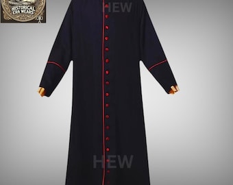 May include: A black cassock with red piping and buttons. The cassock has a mandarin collar and long sleeves. The word "HEW" is printed on the front and back of the cassock.