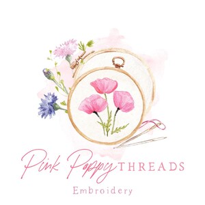May include: Watercolor illustration featuring pink poppies embroidered on a white fabric within a wooden hoop. The image includes the text "Pink Poppy Threads Embroidery" in a delicate pink script, with additional floral elements.